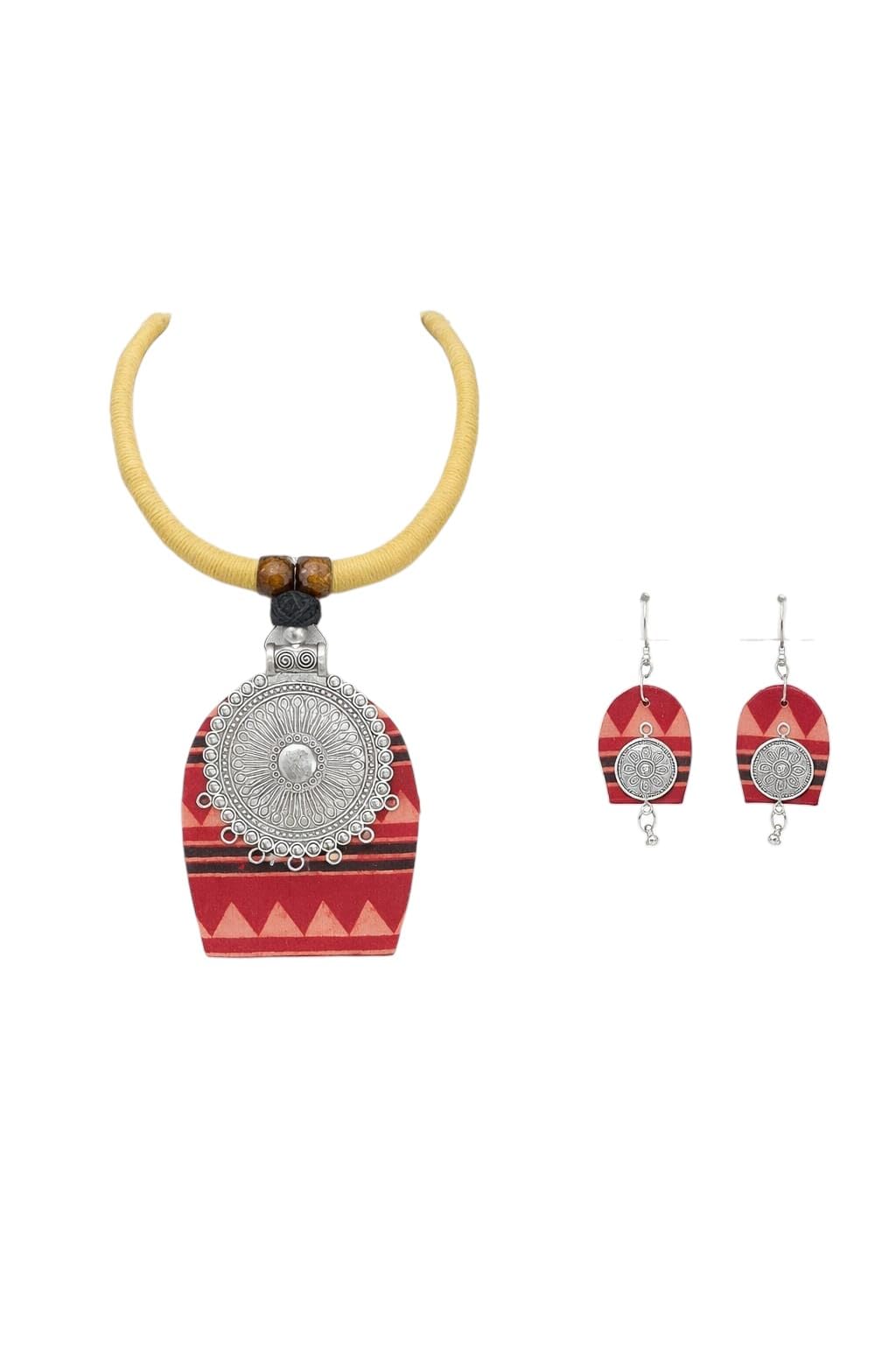 Create -hub ; By Indrani Saha Handpainted Aztec Tribal Terracotta Necklace Set for Women - Tribal Ethnic Statement Jewelry with Earrings - Lightweight Handmade Clay Jewelry