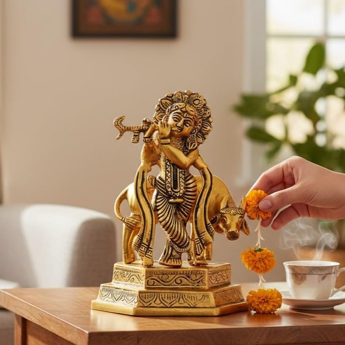 KridayKraft Lord Cow Krishna with Flute Metal Handicraft Statue, Gold-Plated Religious Showpiece Decorative Figurine,Hindu Religious Idol, 16 cm