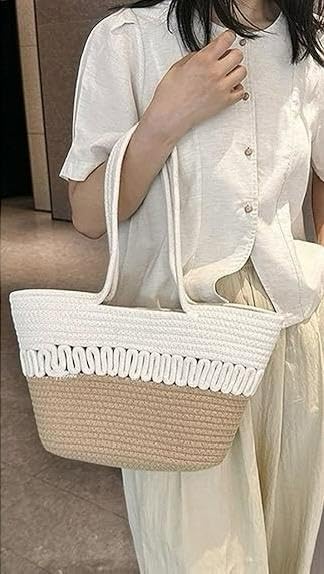 BEAUTIFUL HOMMIES Attractive Hand Bag |large Tote Bag |Summer Bag | Bucket Bag | Basket Bag | Bamboo Tote | Beach Bags for Women|Boho Bag|Handbag |Jute Bag |Handmade Bag (BEIGE WHITE)