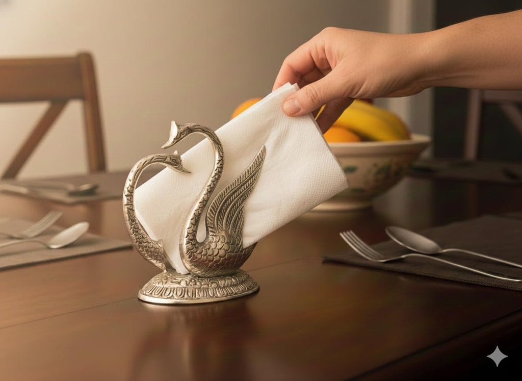Kridaykraft Elegant Silver Swan Napkin Holder - Decorative Metal Tissue Paper Stand for Dining Table, Kitchen, Bedroom & Bathroom - Luxury Restaurant Style Vertical Serviette Organizer (10x8 cm)