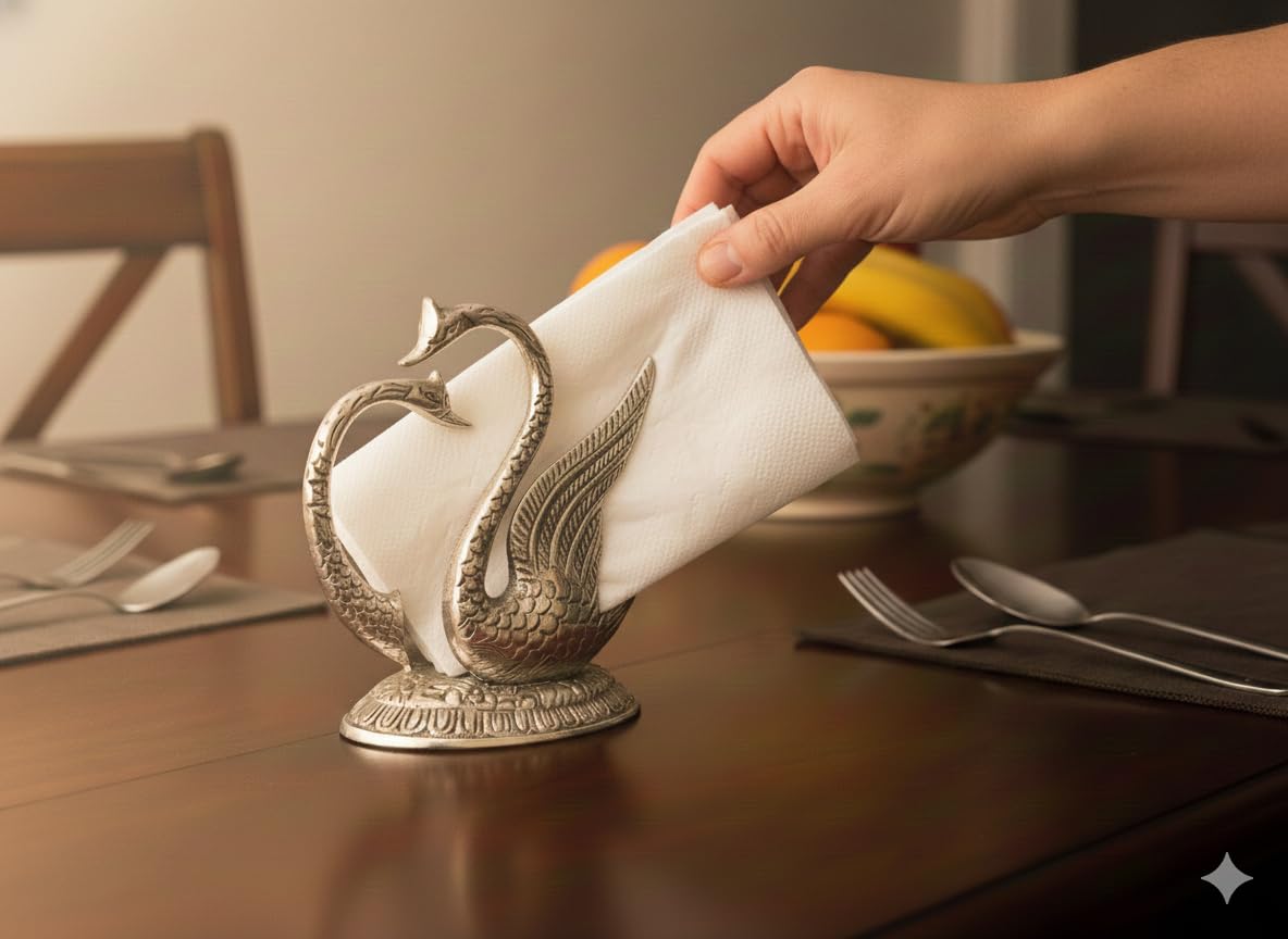Kridaykraft Elegant Silver Swan Napkin Holder - Decorative Metal Tissue Paper Stand for Dining Table, Kitchen, Bedroom & Bathroom - Luxury Restaurant Style Vertical Serviette Organizer (10x8 cm)