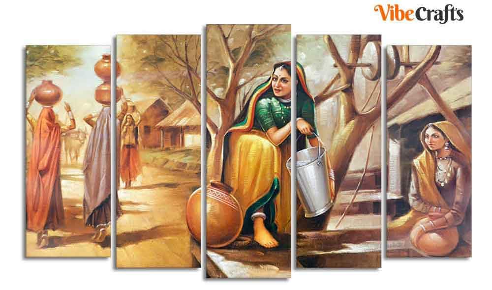 VIBECRAFTS A Woman Filling Water in a Pot Frame Painting of Five Pieces For Home|Office|Living Room|Gift (PTVC5Pcs2_6569N)