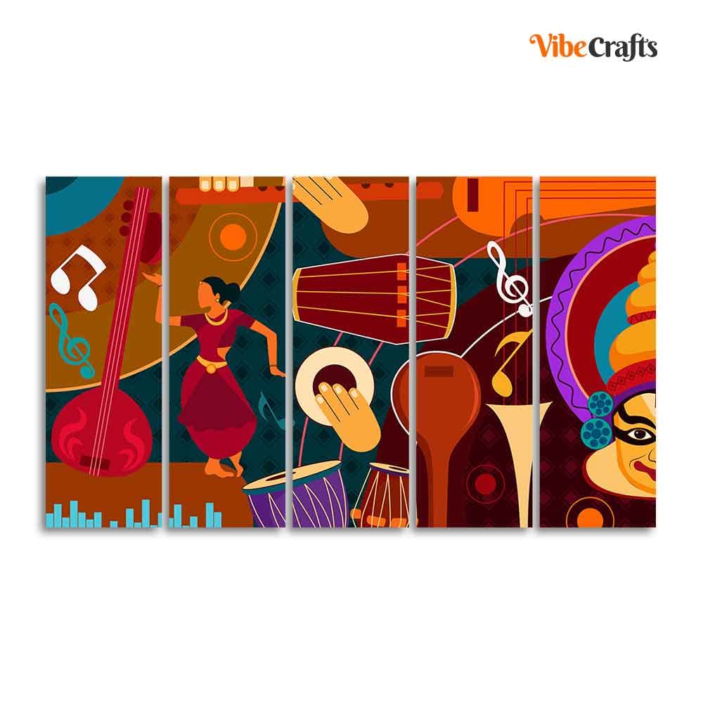 VIBECRAFTS Dance & Music Instruments Canvas Wall Painting Set of Five For Home|Office|Living Room|Gift (PTVC5Pcs4_8626)