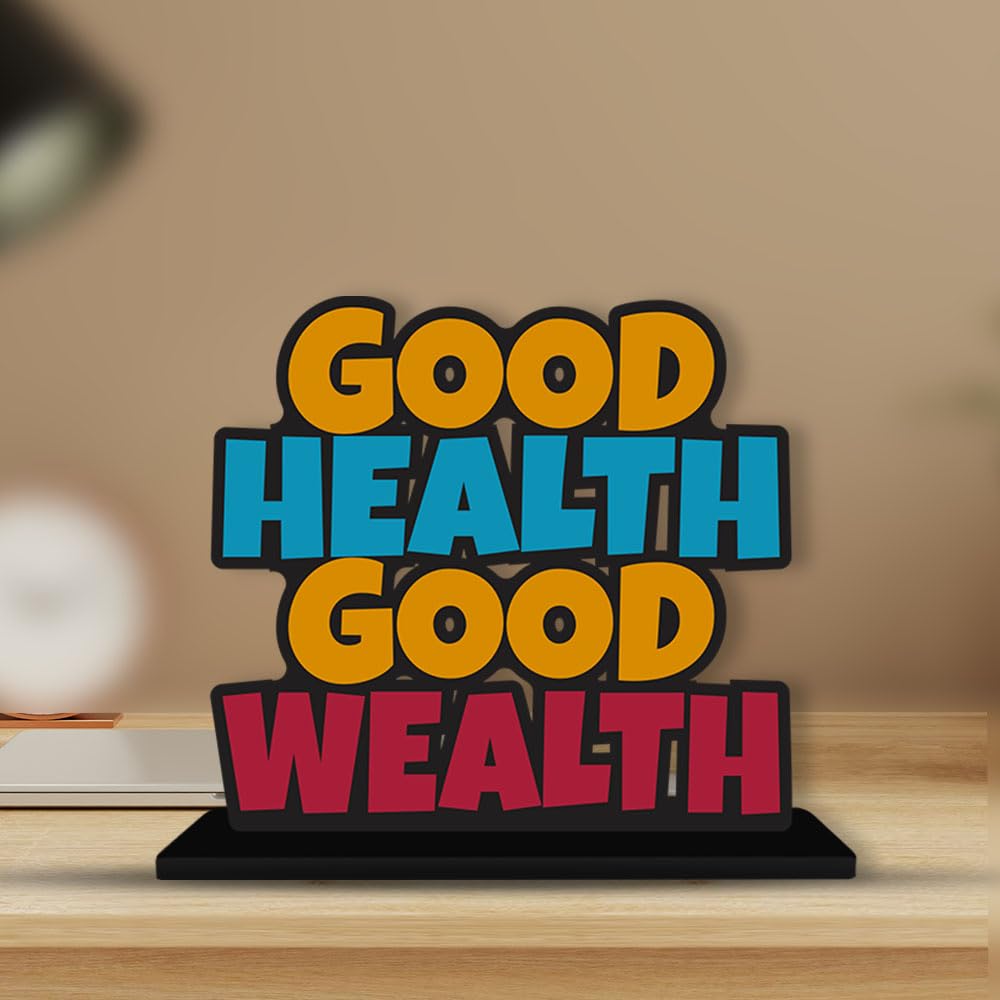 Artvibes Wooden Idols and Figurine Good Health Good Wealth Quotes Table Decoration for Office Desk | Home Decor Item | Living Room | Modern Art Wood Showpiece Gift Item (SP_1139N)