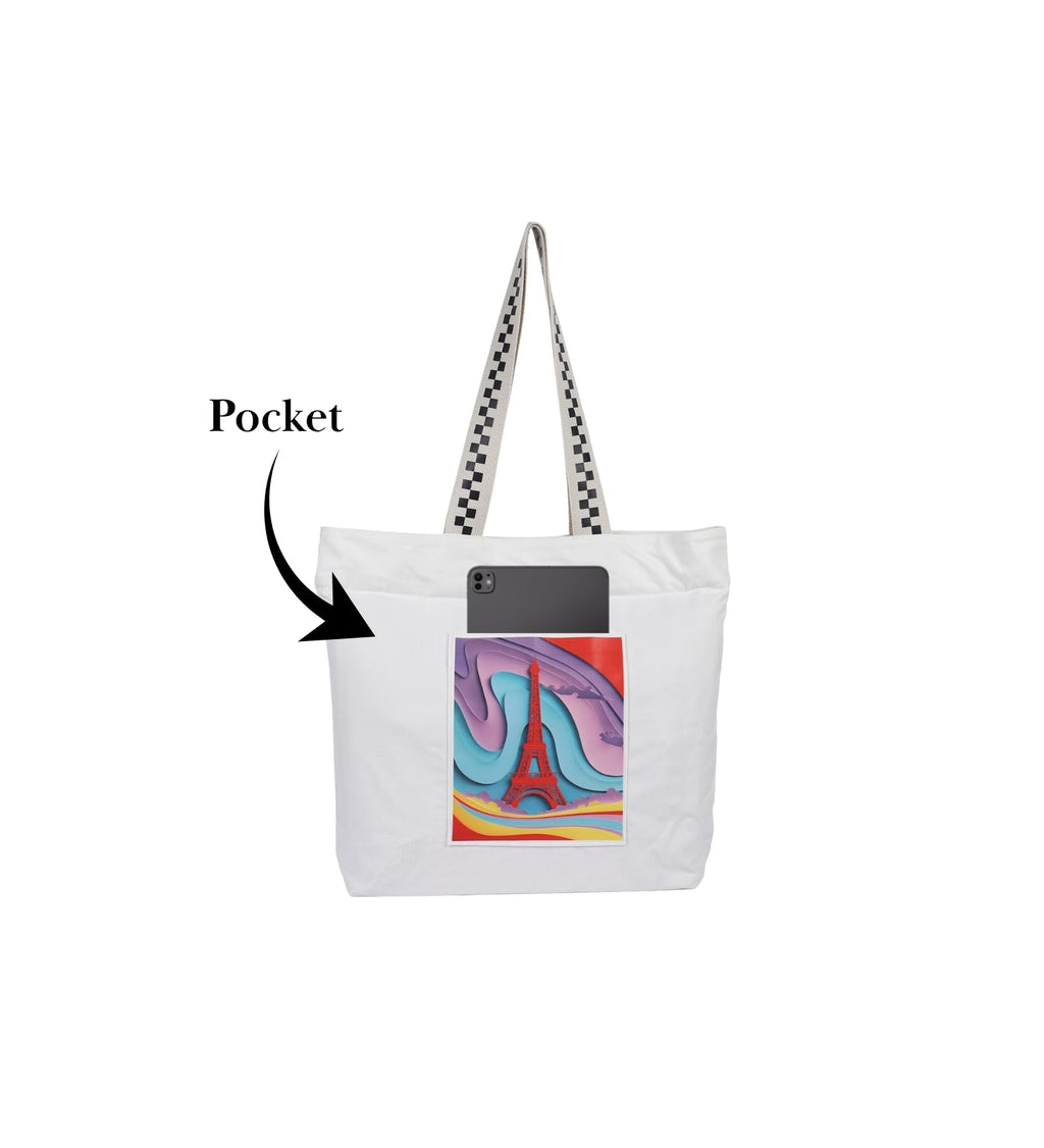 WOTM On The Move Tote | Premium Printed Cotton Canvas Tote Bag with Zipper & Inside Pocket, Stylish Everyday Travel Bag for Work, College, Office, Travel, Shopping (Paris)