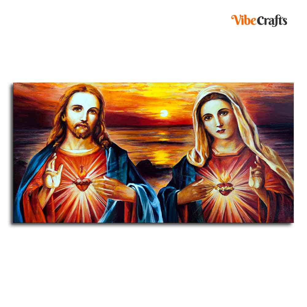VIBECRAFTS Canvas Paintings for Living Room Drawing Room Jesus Christ And Mary Canvas Wall Painting Fitted With Wooden Frame For Home | Office | Living Room | Gifts (PTVCH_2550)(48 x 24 Inches)