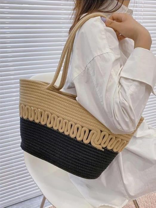 BEAUTIFUL HOMMIES Attractive Hand Bag |large Tote Bag |Summer Bag | Bucket Bag | Basket Bag | Bamboo Tote | Beach Bags for Women|Boho Bag|Handbag |Jute Bag |Handmade Bag (BEIGE BLACK)
