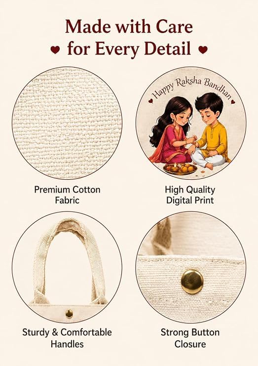 KEROWAL Eco-Friendly Cotton Canvas Raksha Bandhan Gift Bag with Soft Rope Handles & Snap Button - Reusable Printed Tote Bag for Brother Sister Rakhi Gift Packaging & Hampers