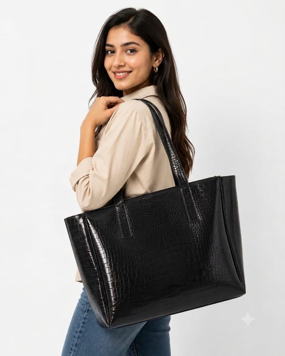 CRAFTSMAN HAVEN Spacious Tote Bag For Womens Handbag Ladies Purses, With Zip Closure Shining Synthetic Leather | Spacious (black)