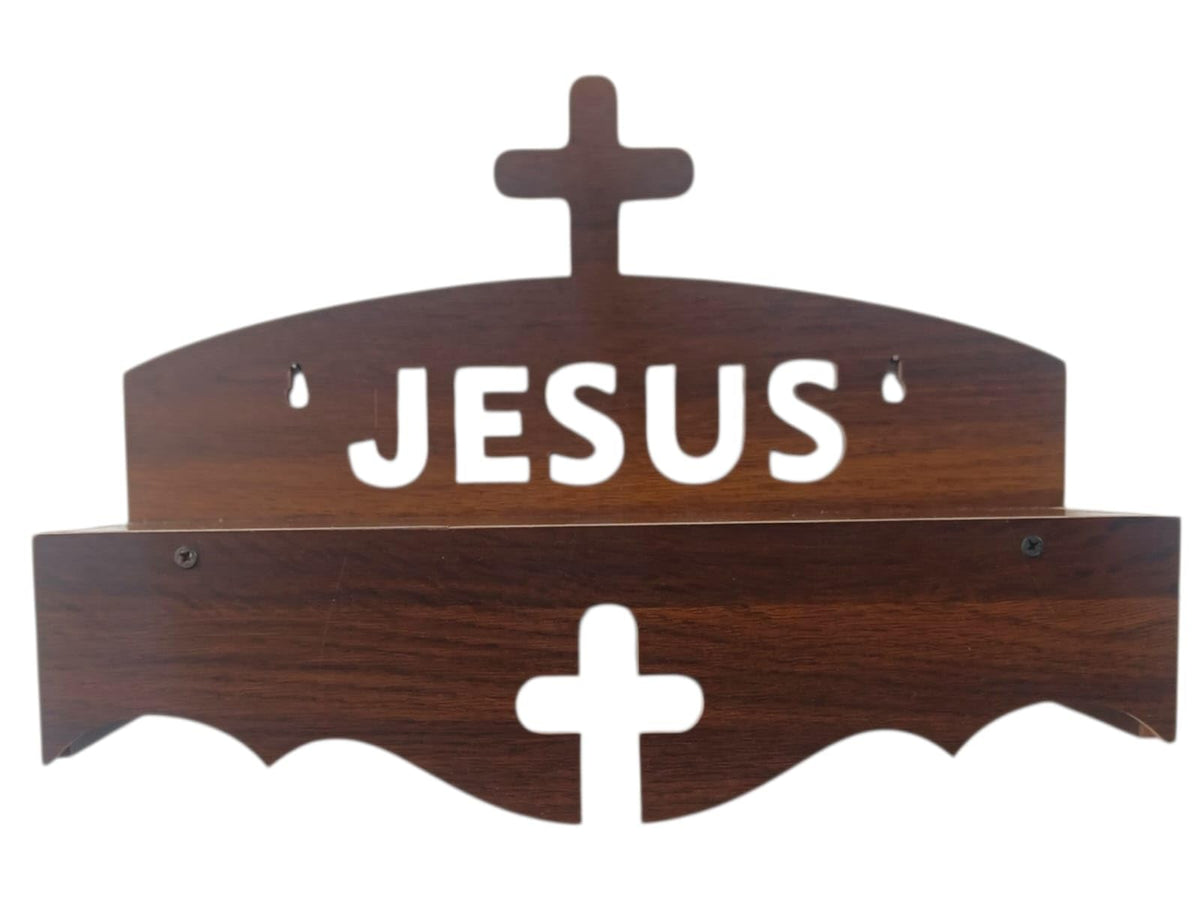 Wooden Wall Mounted Home Temple, Religious Christian Prayer Altar with Cross and Jesus Text, Brown Wood Shelf Design