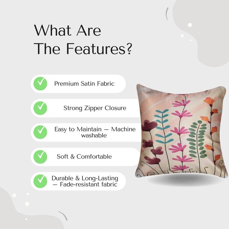 Vendola Decorative Satin Sofa Cushion Covers Set of 5, 24 Inch x 24 Inch 5 Piece, Sofa Big Cushion Pillow Cover, Pink, Beige and Red, Floral Design, Zipper Closure (Flos, 24X24 Inches)