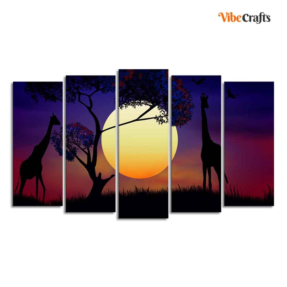 VIBECRAFTS Pair of Giraffe at Night Canvas Wall Painting Set of Five Pieces For Home|Office|Living Room|Gift (PTVC5Pcs2_6622)