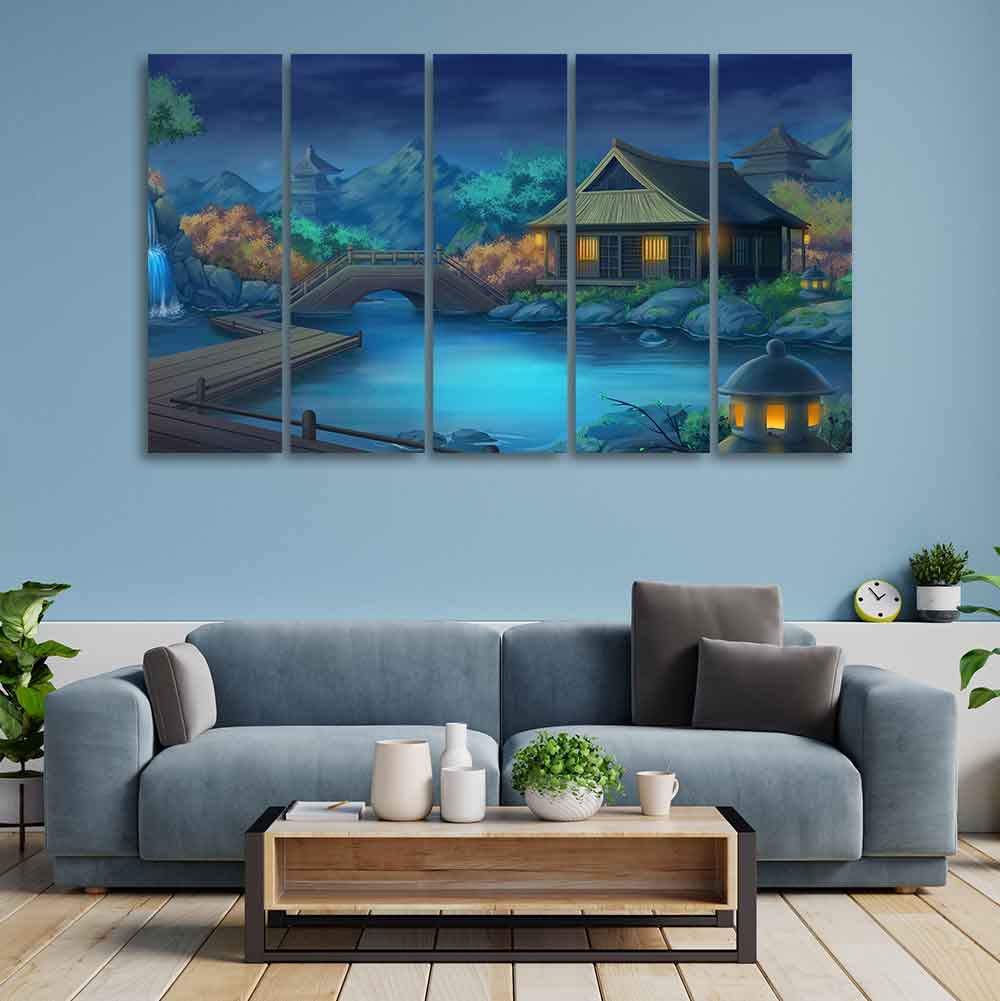 VIBECRAFTS Beautiful Japanese Courtyard at Night Canvas Wall Painting of Five Pieces For Home|Office|Living Room|Gift (PTVC5Pcs4_8692)