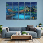 VIBECRAFTS Beautiful Japanese Courtyard at Night Canvas Wall Painting of Five Pieces For Home|Office|Living Room|Gift (PTVC5Pcs4_8692)