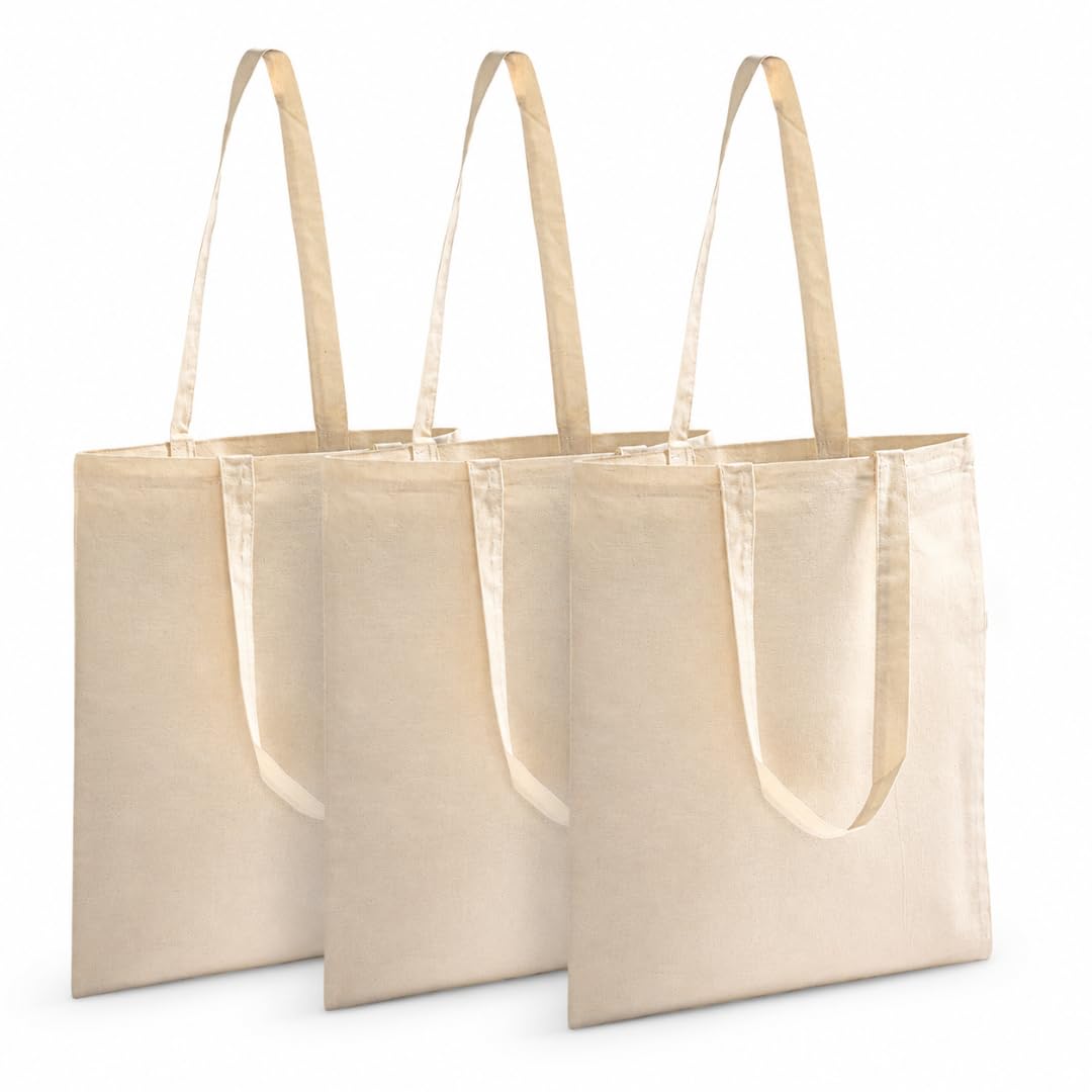 100% Natural Cotton Tote Bag (14x16 Inch, Pack of 3) | Eco-Friendly Reusable Canvas Grocery Shopping Bag | Washable Heavy-Duty Cloth Shoulder Jhola Bag for Women & Men