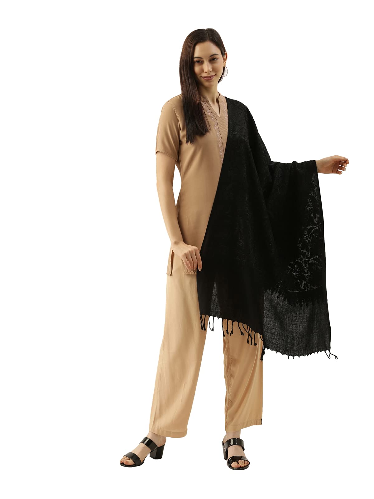 Pashmoda Women’s 100% Pure Wool Aari Embroidered Stole, Shawl and Wrap, Woolmark Certified, Sustainable and Natural Fabric (Size 28x80) (Black)