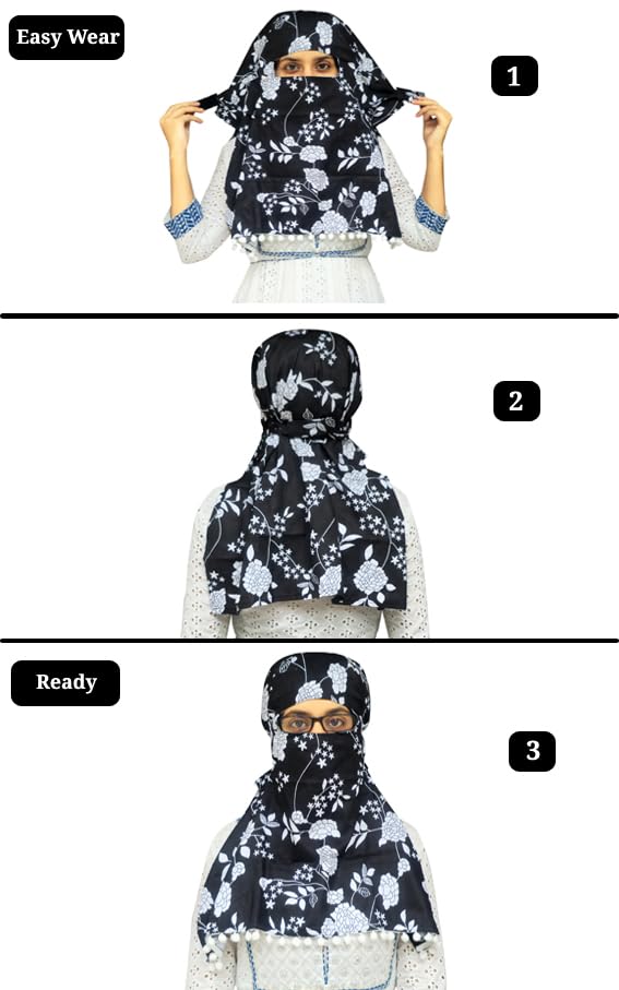Switchon Scarf Hijab Rayon Printed fancy scarf for women Size Adjustable -Hook loop tape- For 10 yrs and above (Black_Multi2)