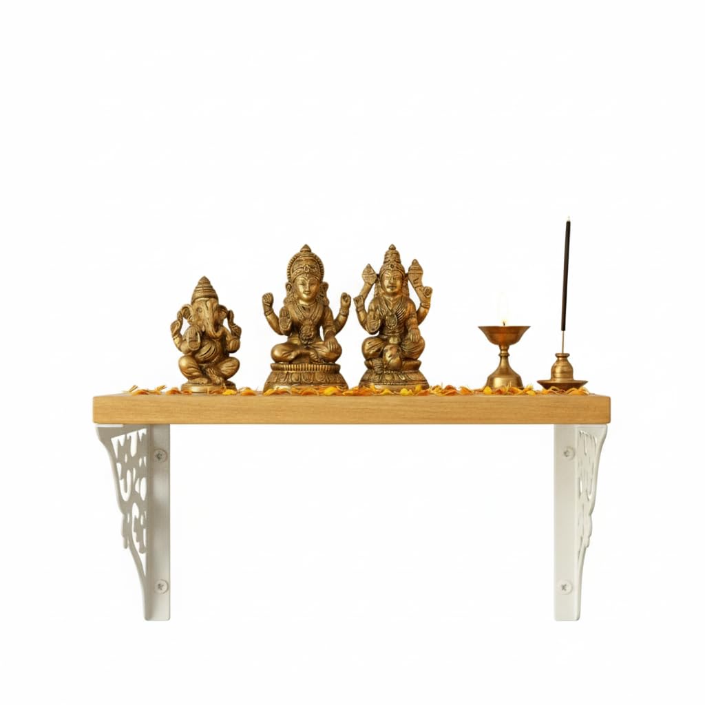 Spillbox Wooden Pooja Home Temple|White Metal Shelf |Wall Mountable|Easy Screw Assembly|Home Temple for Puja Room |Pooja Stand | Mandir-Triple Floral (Small White)