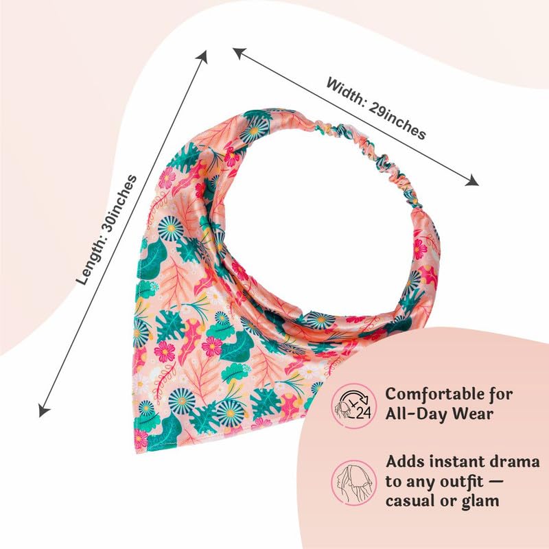 Hair Drama Co. Abstract Floral Print Elastic Bandana Head Scarf for Women | Silk Satin Head Wrap Bandana Scarves | Boho Style Statement Headband Scarves | All Day Wear Scarves | Hair Scarf Accessories
