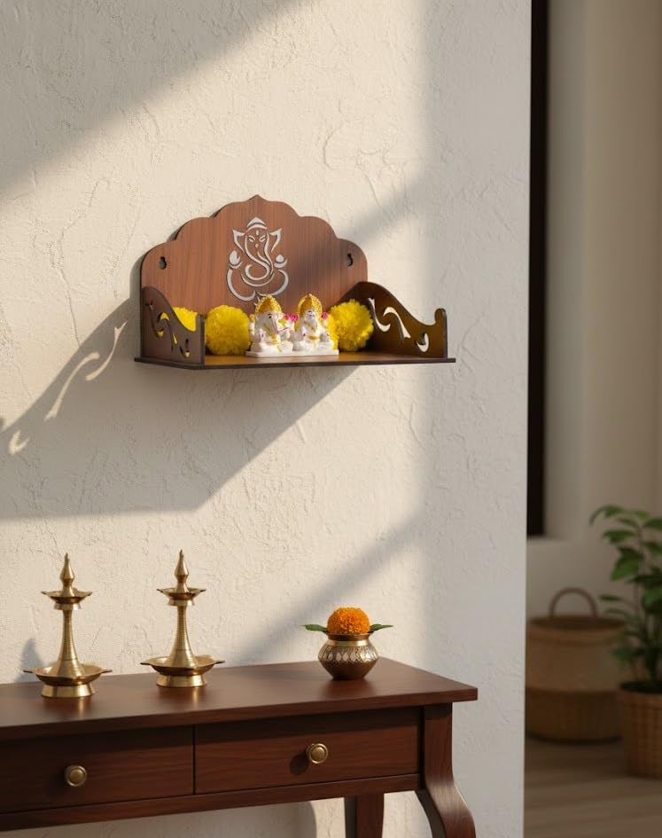 Bindian Wooden Home Temple/Mandir for Wall | Ganesha Motif | Pre-Laminated 4.2mm MDF | Pooja Mandap for Wall Mount & Table Top | Ideal for Small Spaces
