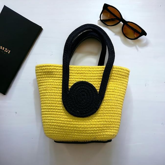 BEAUTIFUL HOMMIES Attractive Large Tote - Summer, Beach & Boho Bag - Handmade Jute & Bamboo - Yellow-Black