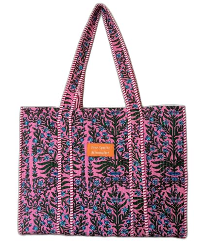 Free Spirits Minimalist Cotton Tote bag for Women | Shoulder Bag |Shopping bag |Grocery Bags | Eco friendly Bags| Stylish Quilted handBag |Vegan Tote Bag |Weekend Bag BASE PINK Blue