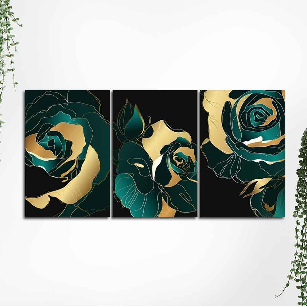 VIBECRAFTS 3 Pieces Abstract Line Art Rose Flower Canvas Wall Painting Fitted With Wooden Frame For Home | Office | Living Room | Gifts(PTVC3Pcs3_11508N)