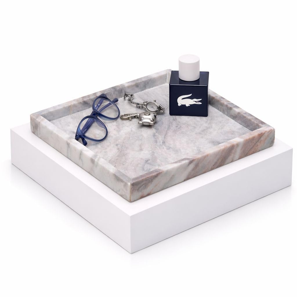 Decorage Rectangular Marble Tray 8x8 Inches | Raised Edges | Multipurpose Decorative Organizer | Elegant Marble Vanity Platter for Kitchen, Dining Table, Bathroom & Home Decor - Beige