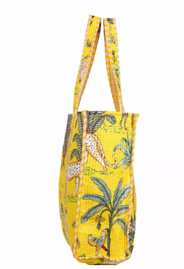 DecorAvenue Quilted Premium Cotton Printed Reversible Tote Bag Grocery Shopping Bag Travel Bags Carry Bag 18x15x5.5 Inch (Yellow Jungle)