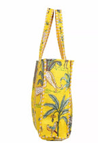 DecorAvenue Quilted Premium Cotton Printed Reversible Tote Bag Grocery Shopping Bag Travel Bags Carry Bag 18x15x5.5 Inch (Yellow Jungle)