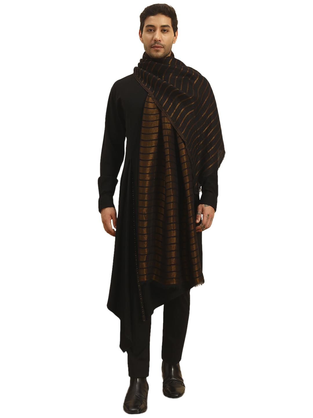 Pashmoda Men Golden Mirage Reversible Zari Moonlight Fine Wool Stole (Size-28x80in, 71x203cm) MZSST05