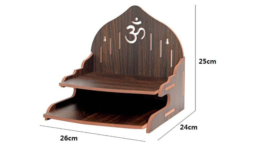 HOSTK Wall Mounted Wooden Temple for Home | Pooja Mandir Shelf with Om Design | MDF Wall Hanging Temple for Ganesh Idol, Diya & Incense Holder | Home Temple Decor for Living RoomOffice (Brown)