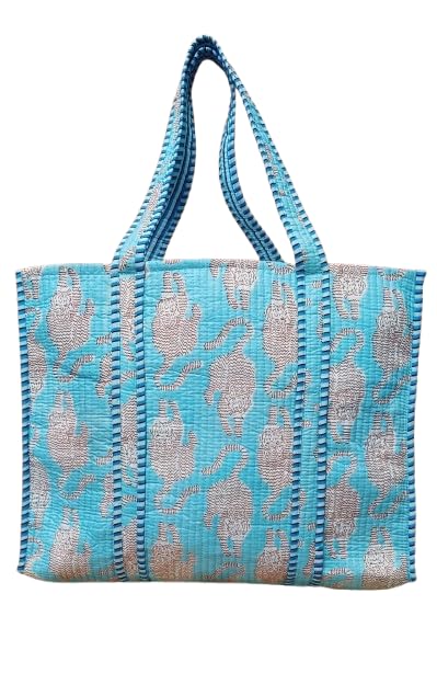 HOUSE OF GULAB Tote Bag with Long Handler & Inside Pocket (Blue & Red)