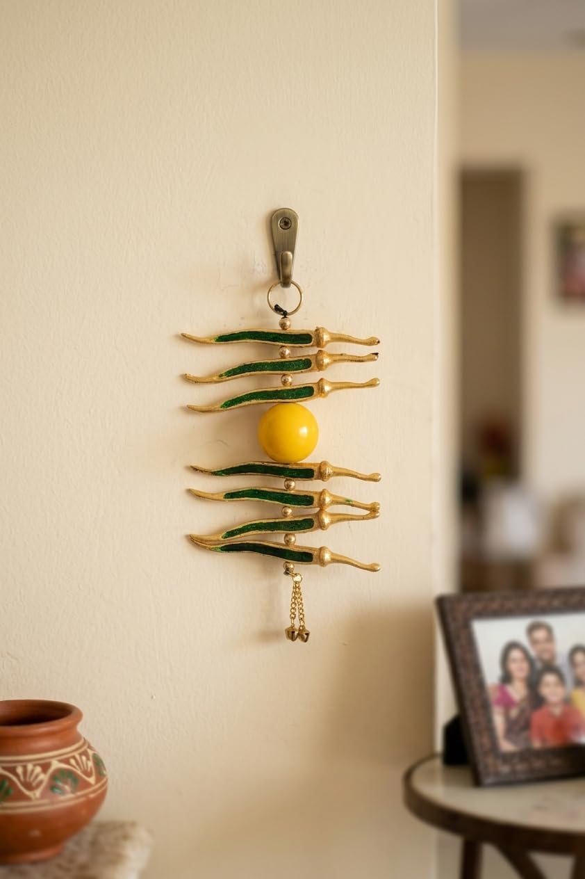 KridayKraft Gold Plated Nimbu Mirchi Hanging for Nazar Suraksha, Evil Eye Protection Decor for Home, Office, Multicolour Decorative Wall Hanging.