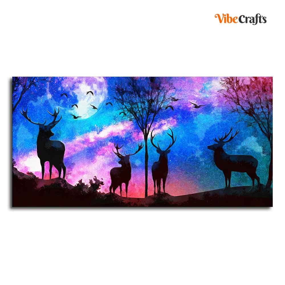 VIBECRAFTS Canvas Paintings for Living Room Drawing Deer Silhoutte Colorful Sky Wall Painting Fitted With Wooden Frame For Home | Office | Gifts (PTVCH_2542) (48 x 24 Inches)