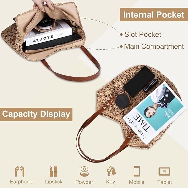DUCHESS Straw Bag for Women Summer Beach Bag Soft Woven Tote Bag Large Rattan Shoulder Bag for Vacation