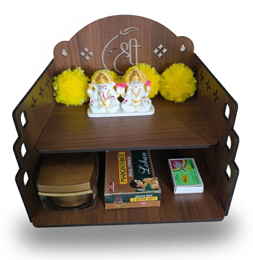 Bindian Wooden Wall Hanging Temple for Home and Office | Double Shelf Pooja Mandir for Idol and Diya | Engraved 'Shree' Symbol | Dark Walnut Finish Medium Size Mandap for Devotional Decor