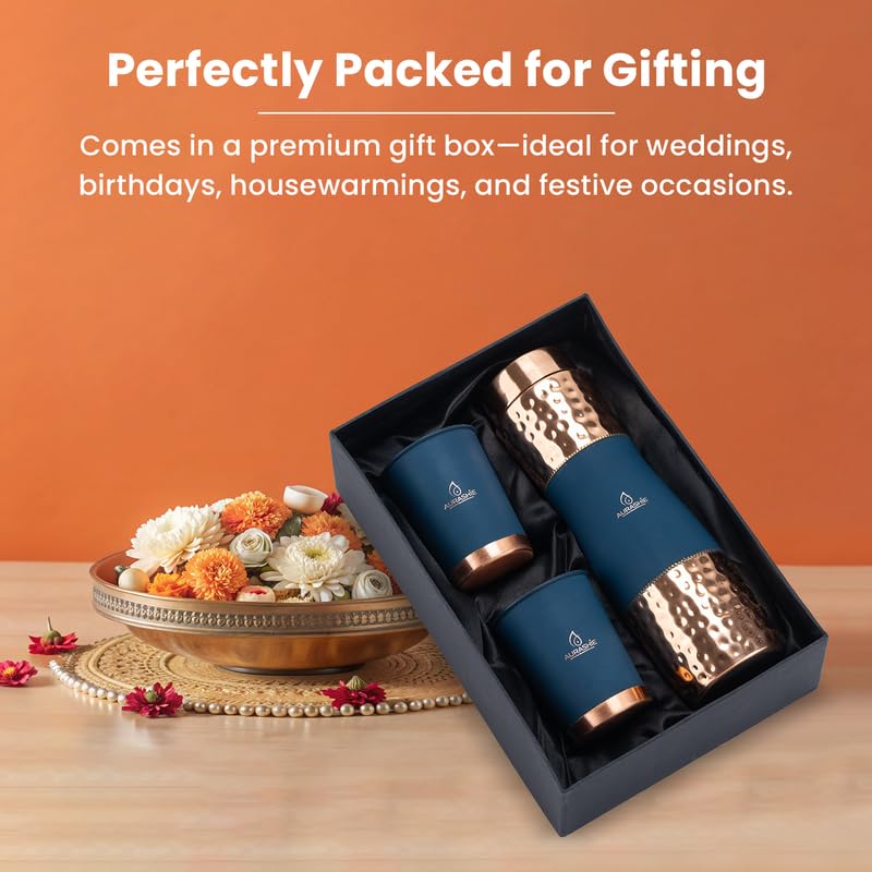 AURASHIE Pure Copper Drinkware Gift Set of 1 Bottle & 2 Glasses with Box | Pure Hammered Copper Drinkware | Gift Set for Birthday, Parties, Weddings & Festivals (Blue Grip Sleeve)