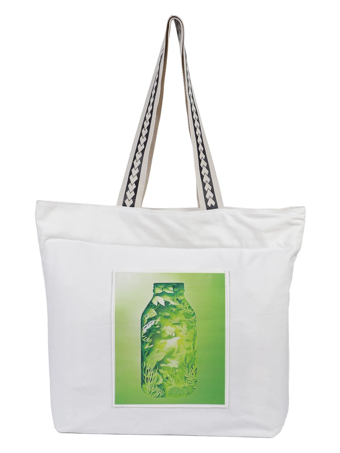 WOTM On The Move Tote | Premium Printed Cotton Canvas Tote Bag with Zipper & Inside Pocket, Stylish Everyday Travel Bag for Work, College, Office, Travel, Shopping (Say no to plastic)