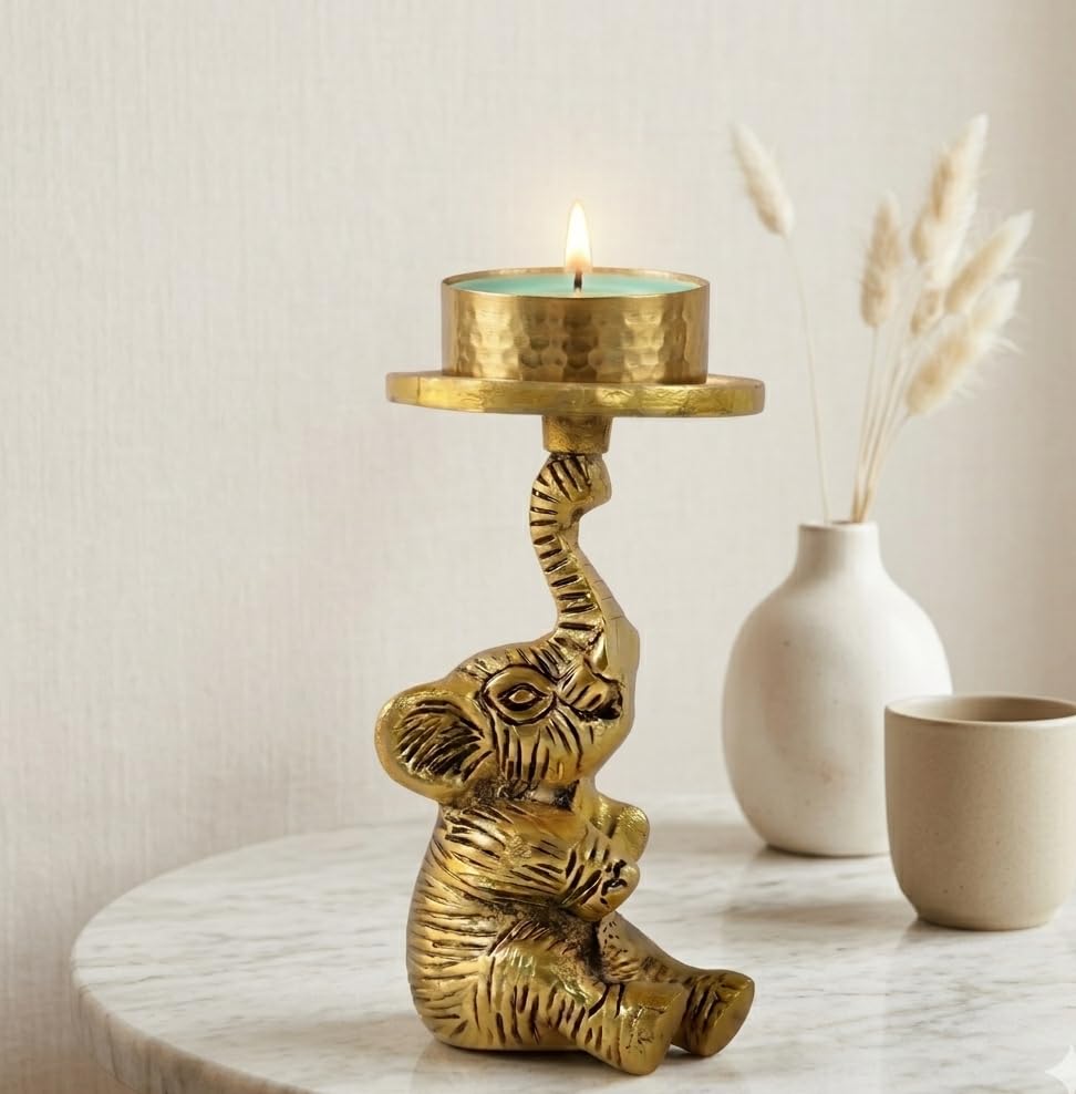 Kridaykraft Baby Elephant Figurine T-Light Candle Holder Gold (15 cm, 300 gm) — Decorative Sitting Elephant Showpiece for Home Decor, Diwali Gifting, and Table Accents. (Candle Not Included)