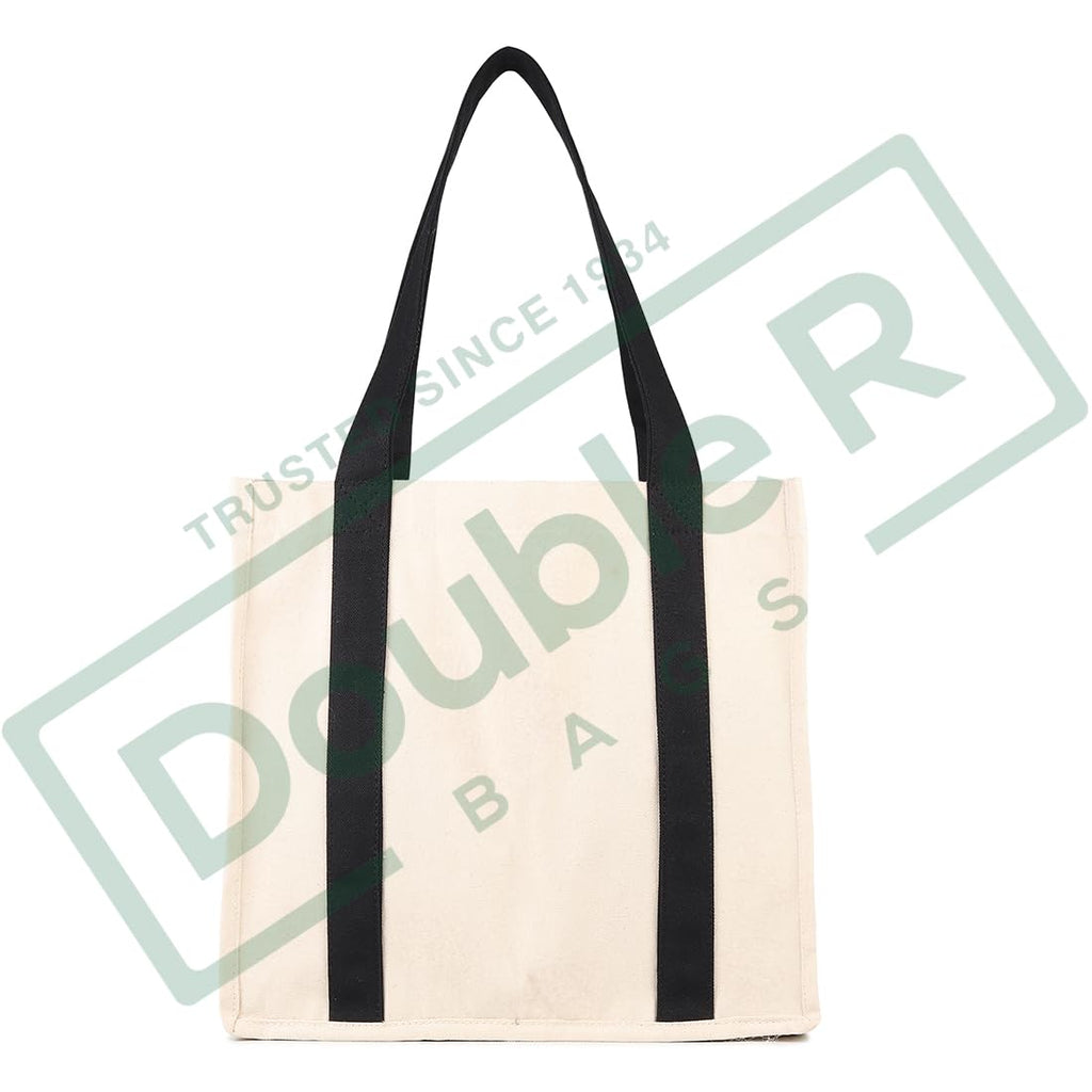 DOUBLE R BAGS Heavy Duty Canvas Grocery Bag with Side Pockets, Reusable Shopping Tote with Handles, Large Multipurpose Cotton Bag for Grocery, Jhola, Beach, Picnic, Travel. (Black, Pack of 12)