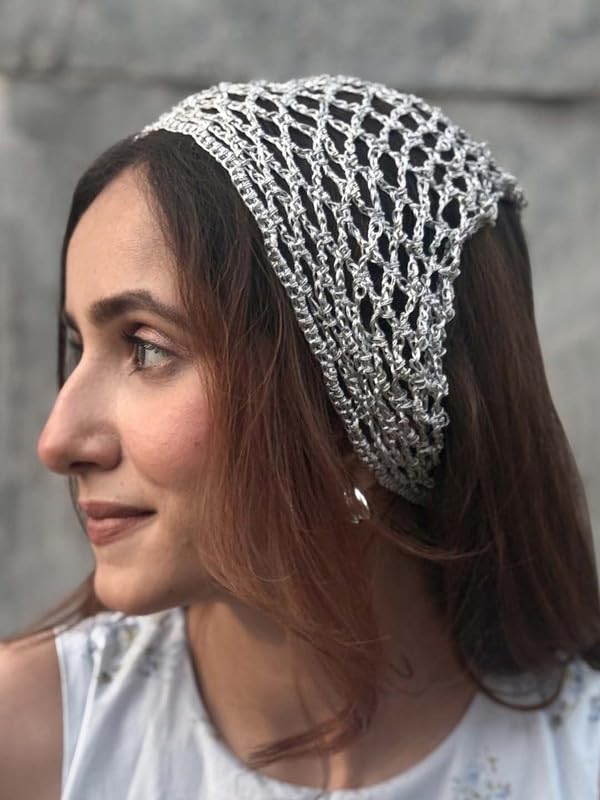 Hair Drama Co. Boho Crochet Scarf For Women | Small Size Silver Crochet Headscarf | Bohemian Bandana Scarves | Metallic Thread Headband Scarfs for All Seasons