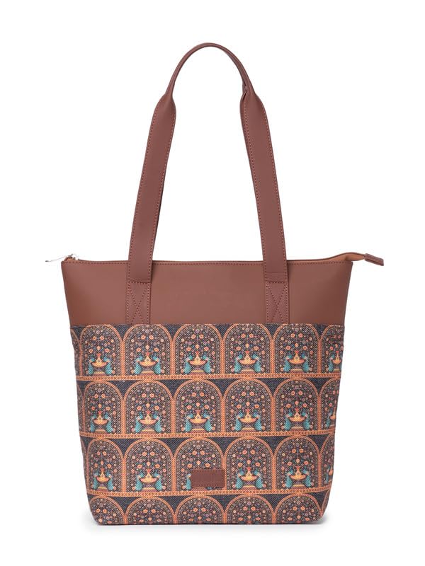 ZOUK Royal Indian Peacock Motif Printed Women's Jute Handcrafted Vegan Leather Grey Everyday Tote