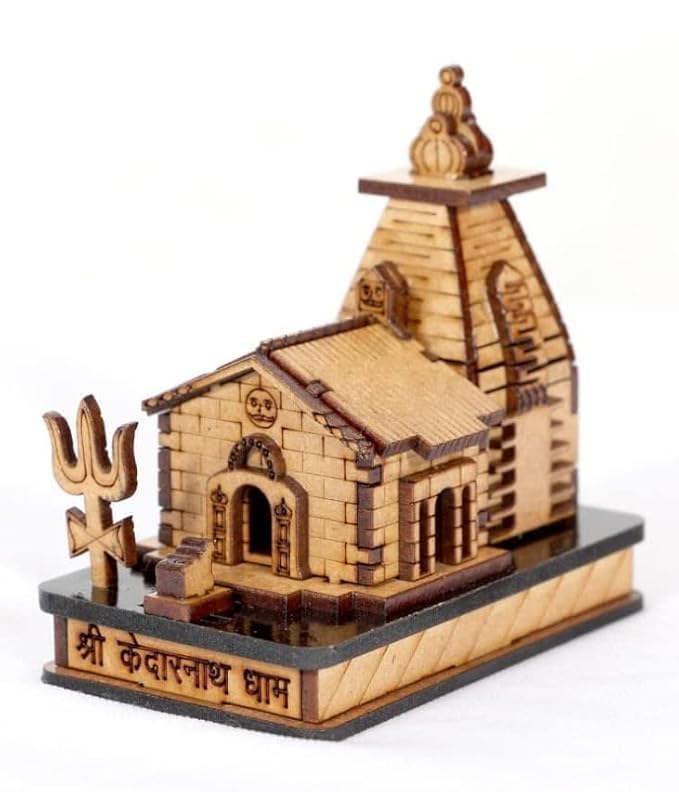 Poveria Wooden Kedarnath Temple Model | Shri Kedarnath Dham Miniature Temple with Trishul | Laser-Cut Wooden Mandir Showpiece for Home, Office Decor & Gift Purpose | Spiritual Desk Decor Idol