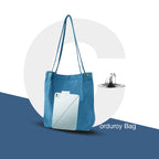 Lyrovo Women Corduroy Shoulder Tote Bag for Work Beach Travel and Shopping Grocery (Blue)
