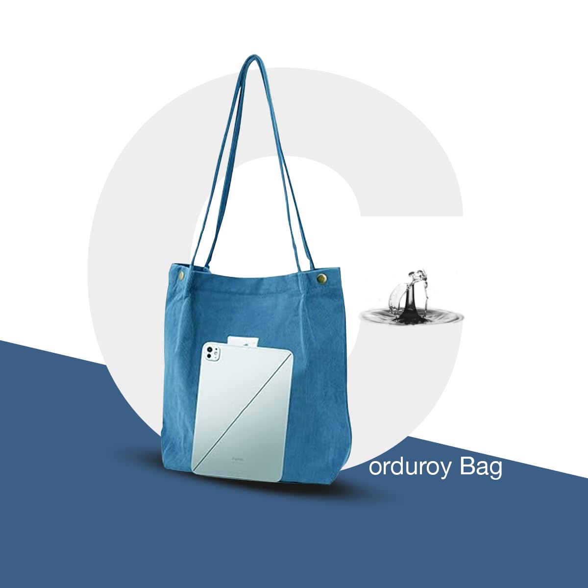 Lyrovo Women Corduroy Shoulder Tote Bag for Work Beach Travel and Shopping Grocery (Blue)