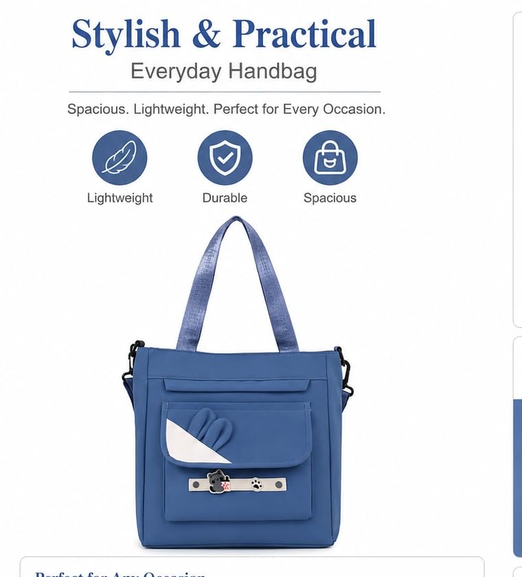 Valerie Large Tote Bag with Crossbody Strap for Women – Cute Cat Charm Canvas Shoulder Bag, Multi-Pocket Lightweight Handbag for School, College Work Shopping (Blue)
