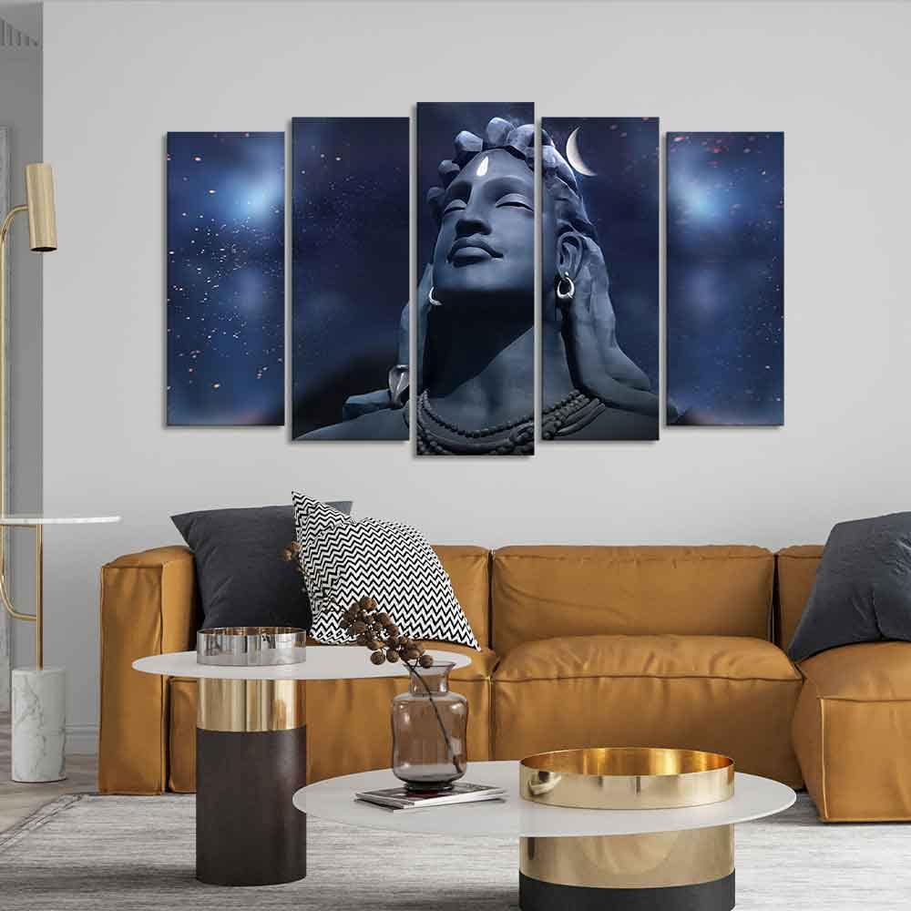 VIBECRAFTS Adiyogi Shiva Statue Canvas Wall Painting Set of Five Pieces For Home|Office|Living Room|Gift (PTVC5Pcs2_6596N)