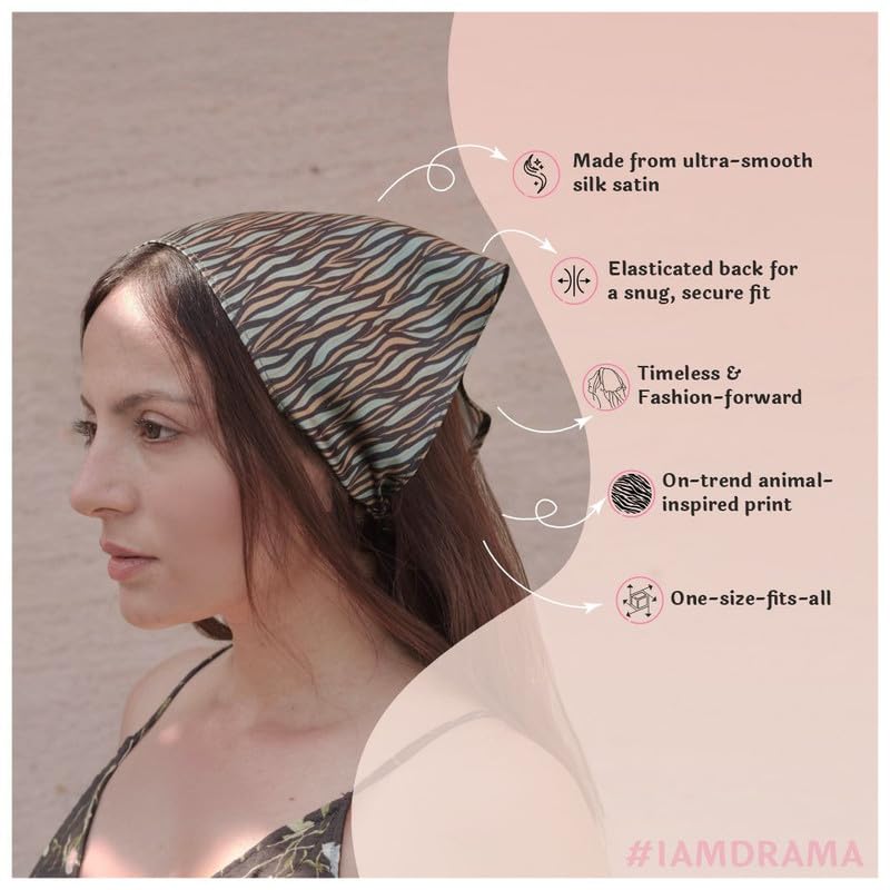 Hair Drama Co. Zebra Print Elastic Bandana Head Scarf for Women - Green | Silk Satin Head Wrap Bandana Scarves | Boho Style Statement All Day Wear Headband Scarves | Hair Scarf Accessories