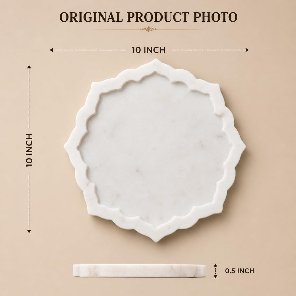 Kay31 10 Inch White Marble Serving Tray with Scalloped Edge, Round Decorative Platter for Jewelry, Vanity Organizer, Home Décor, Decorative Tray (DT-10)